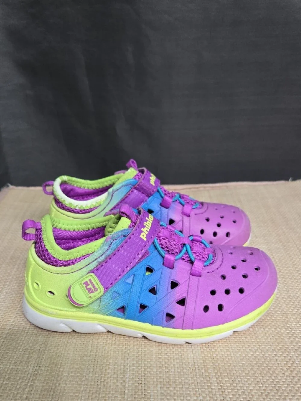 Kids Purple & Lime Water Shoes with Blue Accents